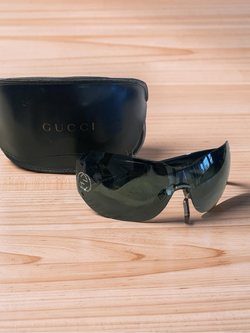 Y2K Gucci Black Shield Sunglasses with Dark Tint Rhinestones